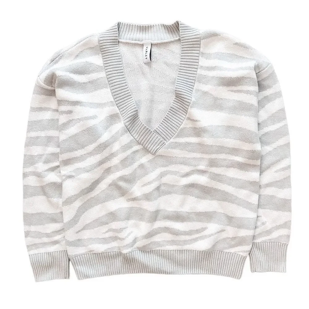 Varley Calvert Sweater Wool Blend V Neck Gray White Medium - Picture 2 of 9